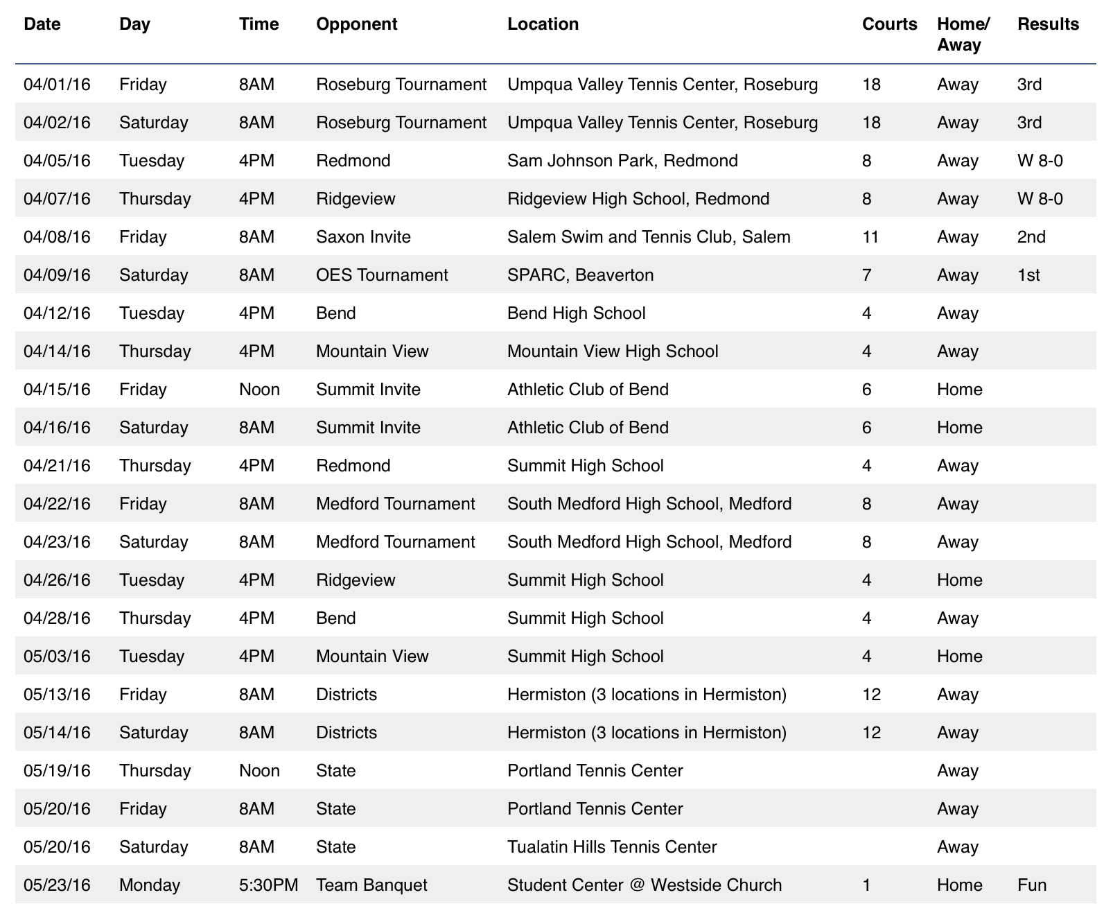 2016 Team Schedule
