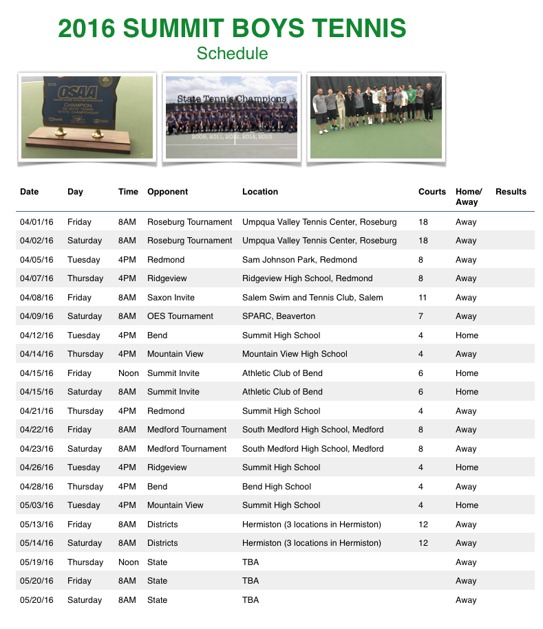2016 Varsity Schedule