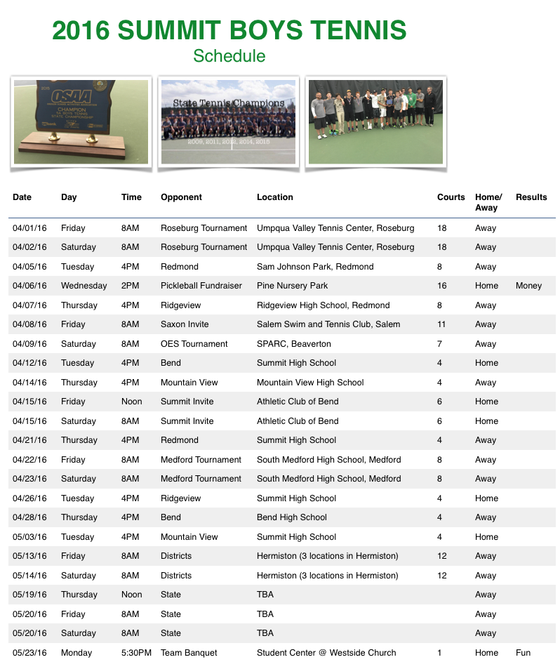 2016 Varsity Tennis Schedule