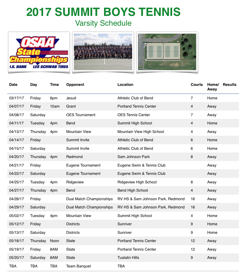2017 Boys Tennis Schedule